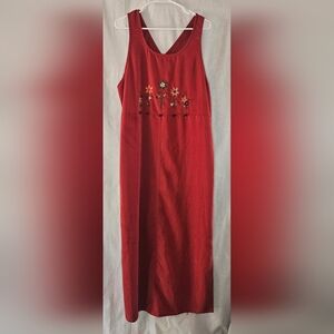 Amanda Smith Dark Red Maxi Tank Dress With Flower Embroidery And Buttons Sz L